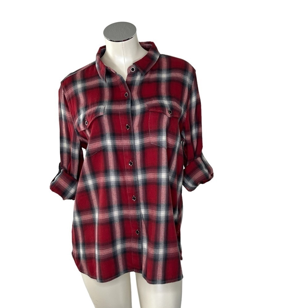 DYLAN Long Sleeve Red Black White Plaid Flannel Shirt Ultra Soft Women's Size M - Picture 2 of 16
